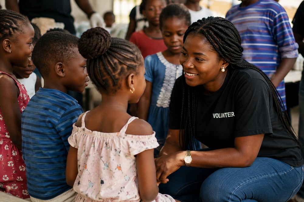Volunteers smiling together during a service activity.